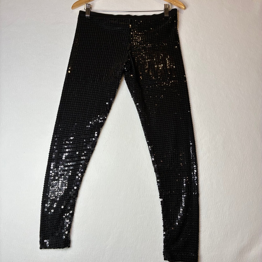 Sequined Leggings Womens M Black Sparkle Party Slim Fit Pants 0013 - Picture 2 of 10